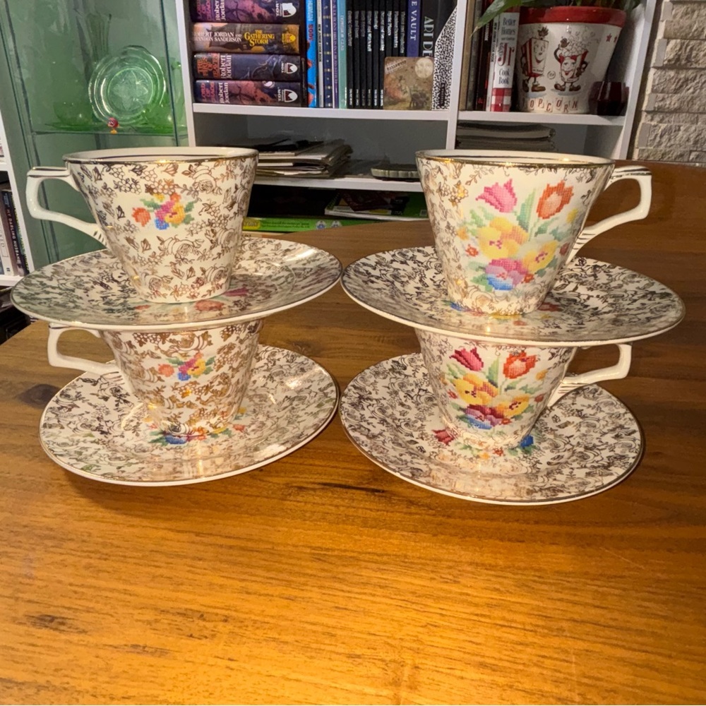 H&K Tunstall set of four 1940s china teacups & saucers in Old English Sampler